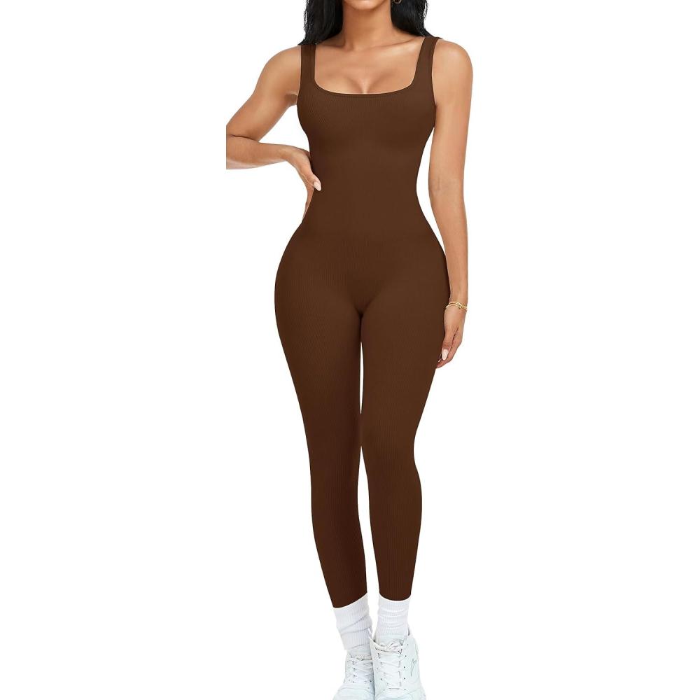 imageOLCHEE Womens Workout Rompers Jumpsuits Seamless Ribbed Yoga Gym One Piece Sleeveless Square Neck Tank Top Leggings UnitardBrown