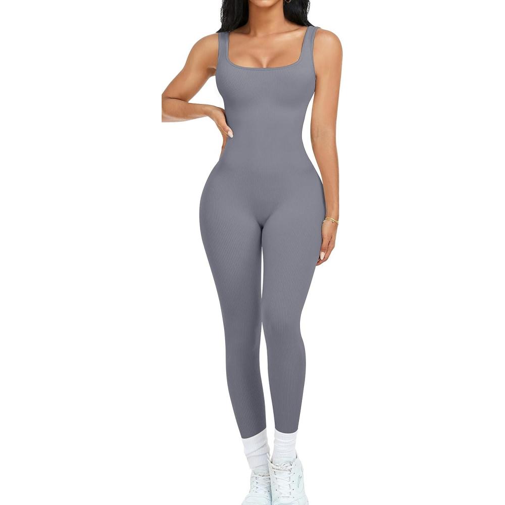 imageOLCHEE Womens Workout Rompers Jumpsuits Seamless Ribbed Yoga Gym One Piece Sleeveless Square Neck Tank Top Leggings UnitardGrey