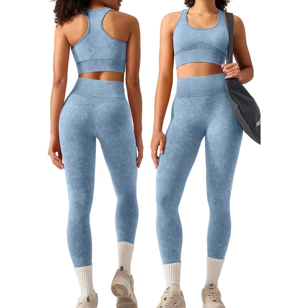 imageOLCHEE Womens Workout Sets 2 Piece  Acid Wash Seamless Yoga Outfits High Waist Leggings Padded Racerback Sports Bra Gym SetBlue