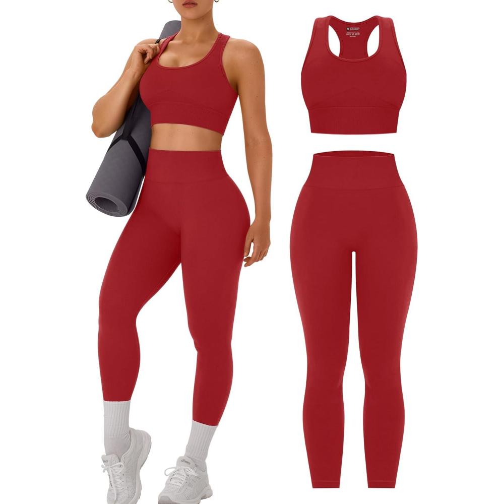 imageOLCHEE Womens Workout Sets 2 Piece Acid Wash Seamless Yoga Outfits High Waist Leggings Padded Racerback Sports Bra Gym SetSolid Red