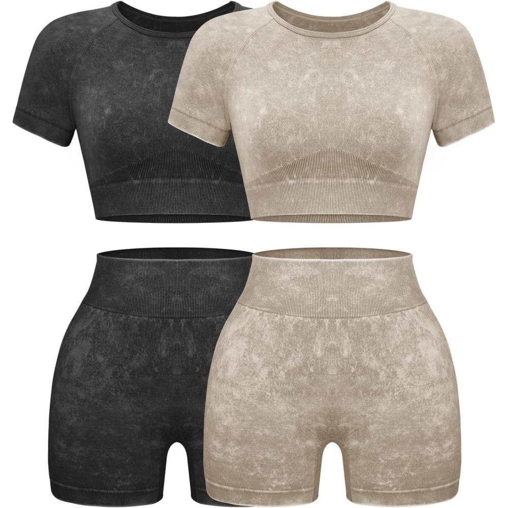 imageOLCHEE Womens Workout Sets 2 Piece Seamless Acid Wash Yoga Outfits Shorts and Crop Top Matching Gym Athletic Clothing Set2pk Black Cream