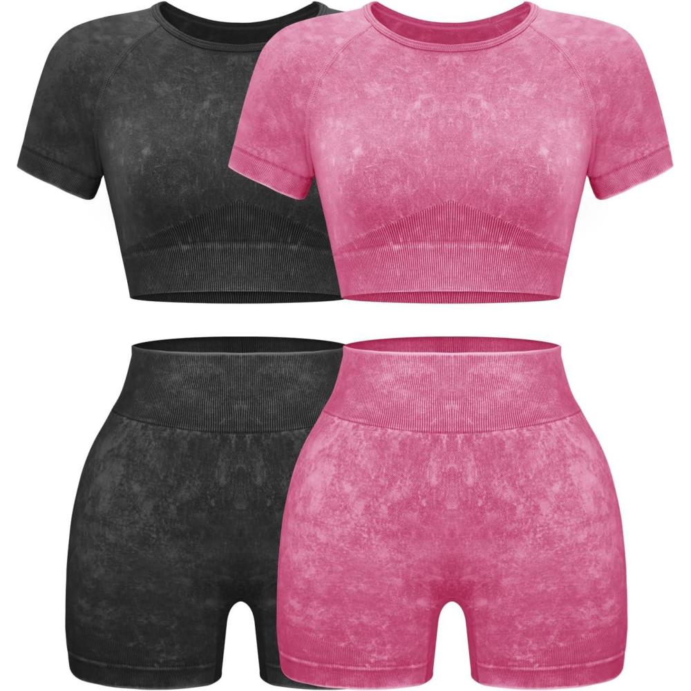 imageOLCHEE Womens Workout Sets 2 Piece Seamless Acid Wash Yoga Outfits Shorts and Crop Top Matching Gym Athletic Clothing Set2pk Black Pink