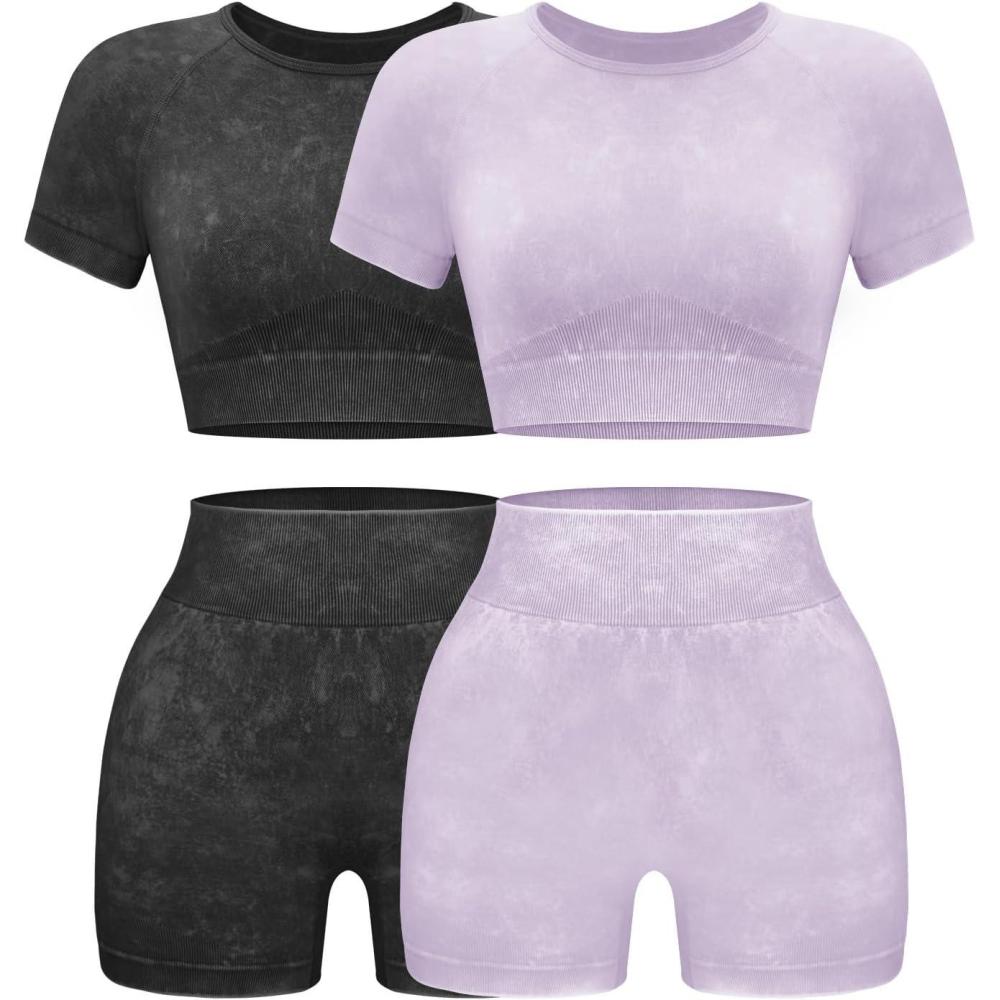 imageOLCHEE Womens Workout Sets 2 Piece Seamless Acid Wash Yoga Outfits Shorts and Crop Top Matching Gym Athletic Clothing Set2pk Black Purple