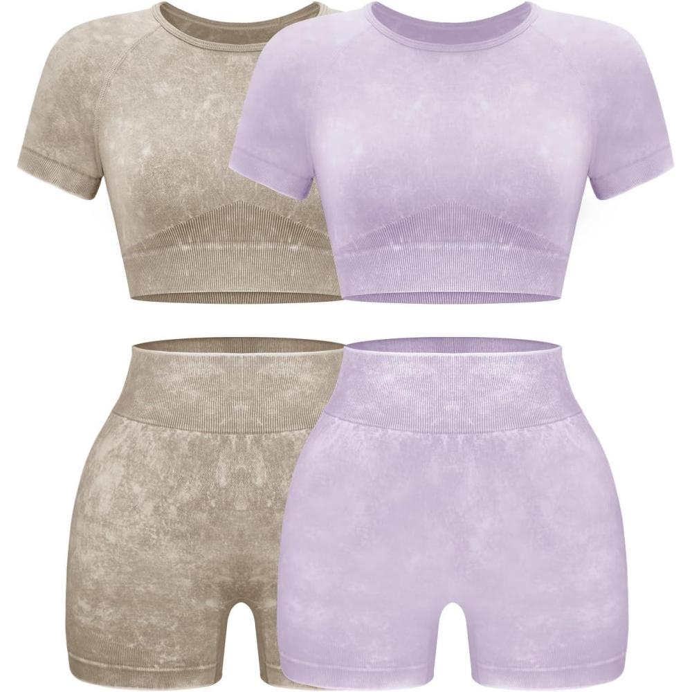 imageOLCHEE Womens Workout Sets 2 Piece Seamless Acid Wash Yoga Outfits Shorts and Crop Top Matching Gym Athletic Clothing Set2pk Cream Purple