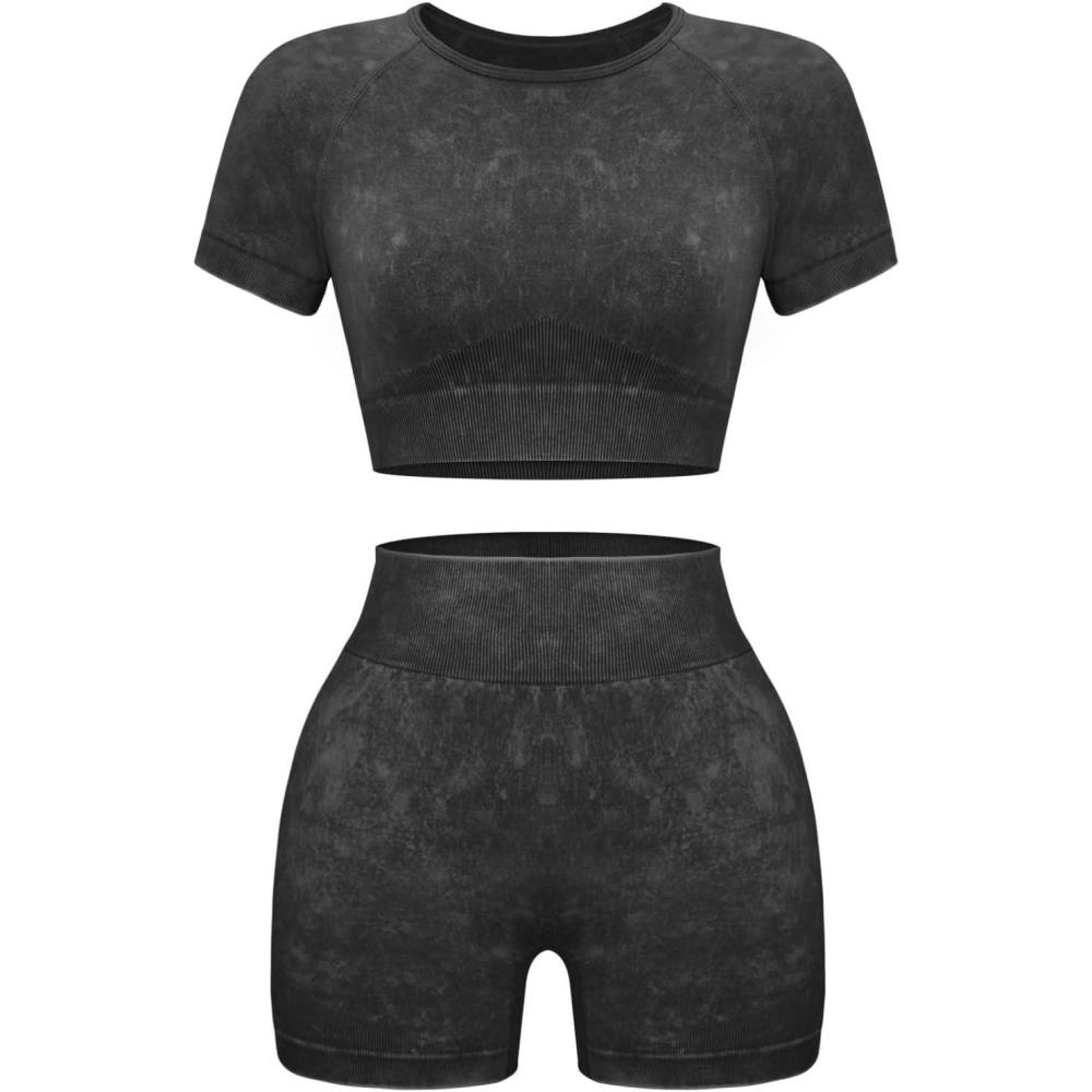 imageOLCHEE Womens Workout Sets 2 Piece Seamless Acid Wash Yoga Outfits Shorts and Crop Top Matching Gym Athletic Clothing SetShortsleeve Shorts Black