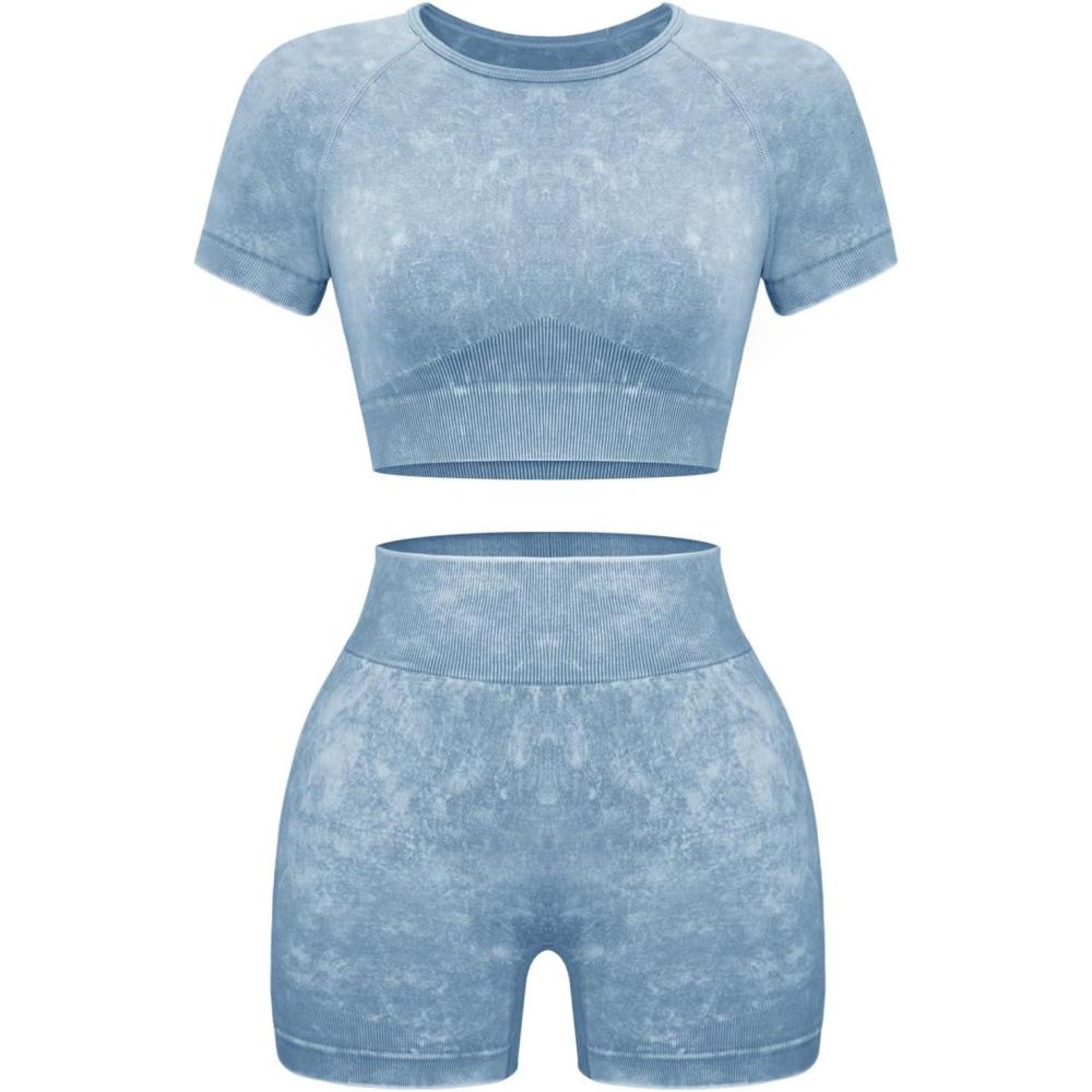 imageOLCHEE Womens Workout Sets 2 Piece Seamless Acid Wash Yoga Outfits Shorts and Crop Top Matching Gym Athletic Clothing SetShortsleeve Shorts Blue