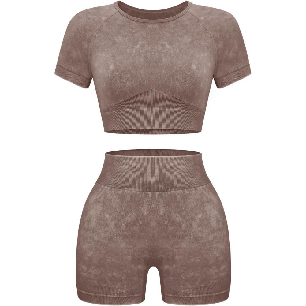 imageOLCHEE Womens Workout Sets 2 Piece Seamless Acid Wash Yoga Outfits Shorts and Crop Top Matching Gym Athletic Clothing SetShortsleeve Shorts Brown