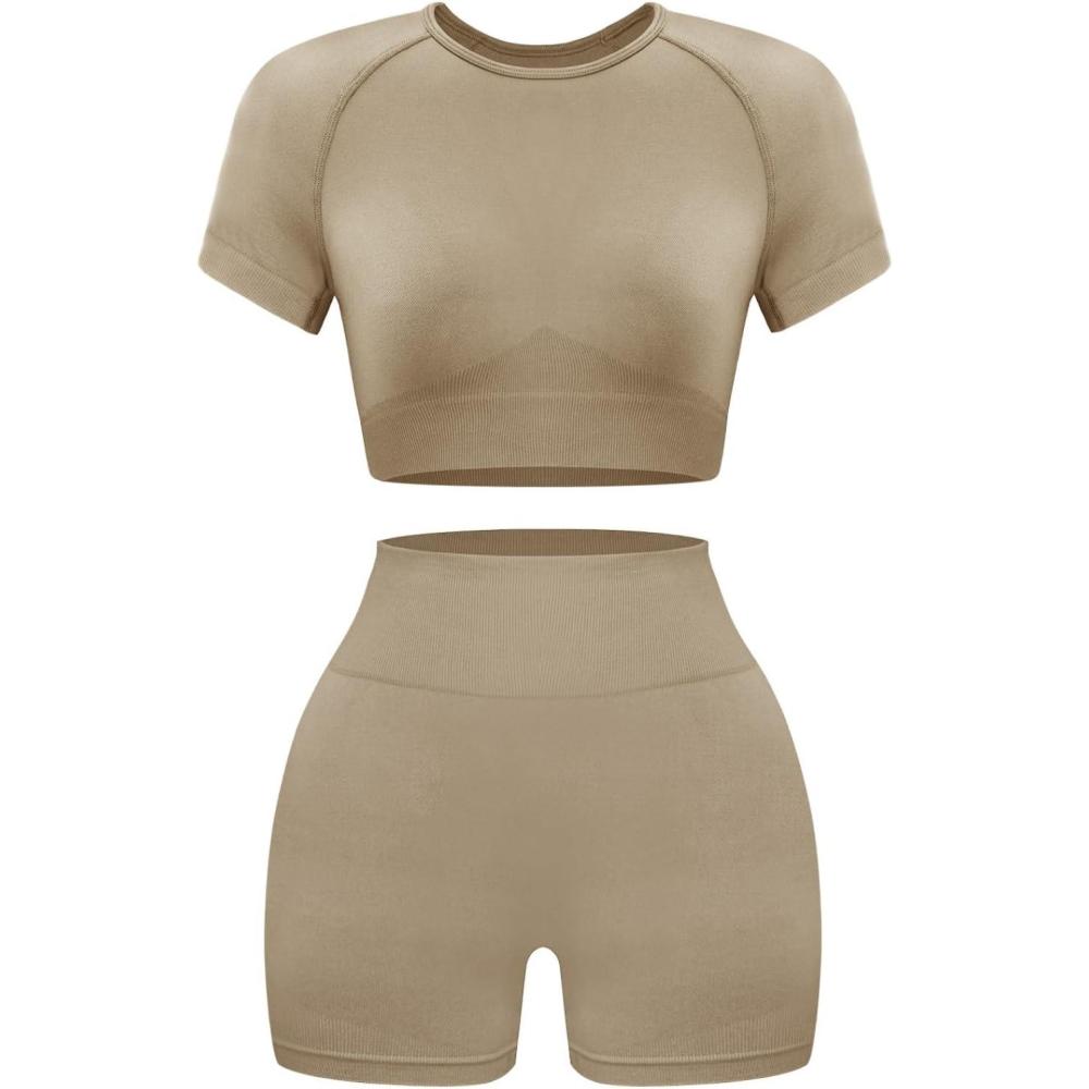imageOLCHEE Womens Workout Sets 2 Piece Seamless Acid Wash Yoga Outfits Shorts and Crop Top Matching Gym Athletic Clothing SetShortsleeve Shorts Coffee