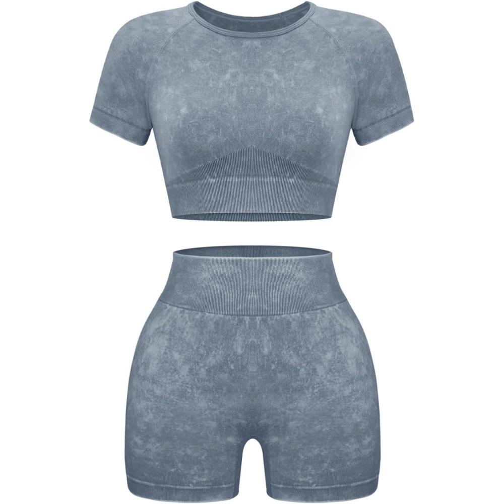 imageOLCHEE Womens Workout Sets 2 Piece Seamless Acid Wash Yoga Outfits Shorts and Crop Top Matching Gym Athletic Clothing SetShortsleeve Shorts Grey