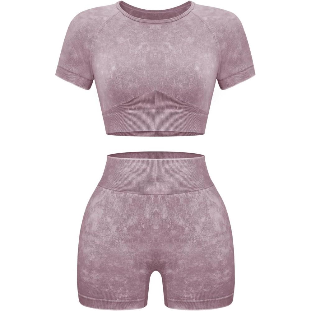 imageOLCHEE Womens Workout Sets 2 Piece Seamless Acid Wash Yoga Outfits Shorts and Crop Top Matching Gym Athletic Clothing SetShortsleeve Shorts Mauve