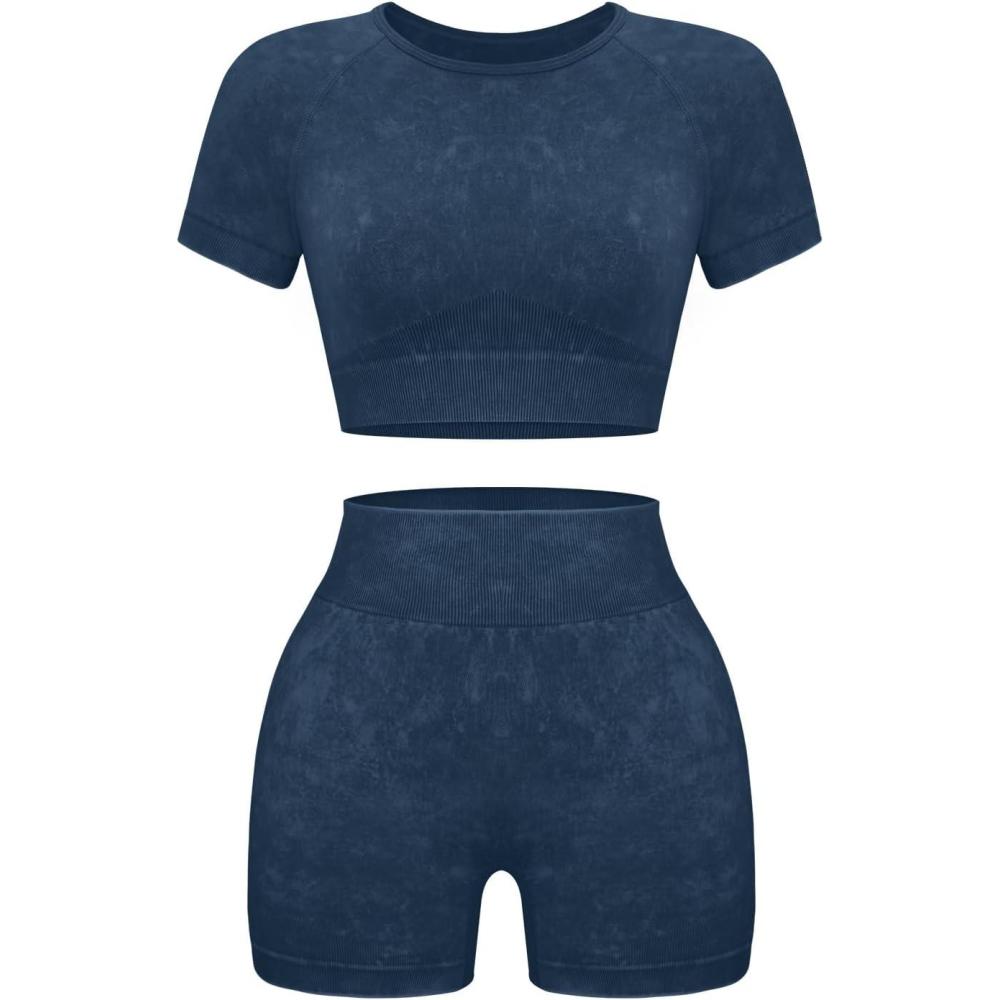 imageOLCHEE Womens Workout Sets 2 Piece Seamless Acid Wash Yoga Outfits Shorts and Crop Top Matching Gym Athletic Clothing SetShortsleeve Shorts Navy