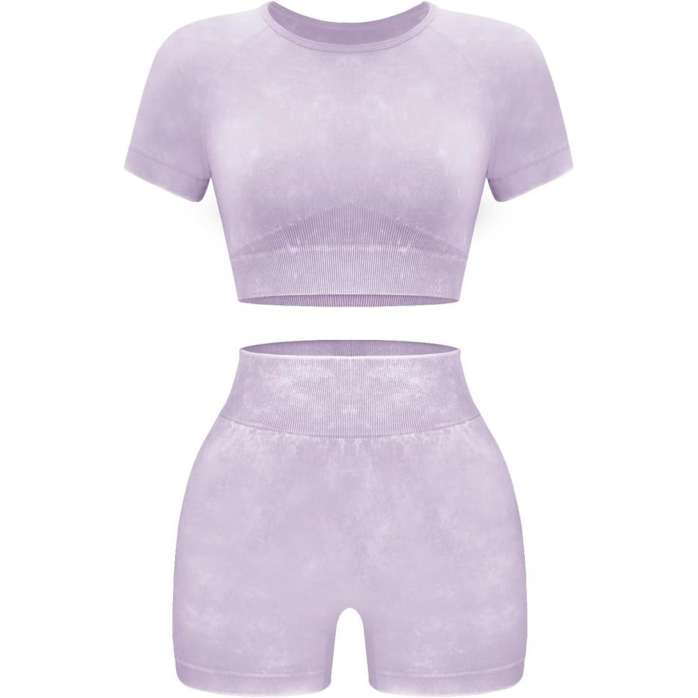 imageOLCHEE Womens Workout Sets 2 Piece Seamless Acid Wash Yoga Outfits Shorts and Crop Top Matching Gym Athletic Clothing SetShortsleeve Shorts Purple