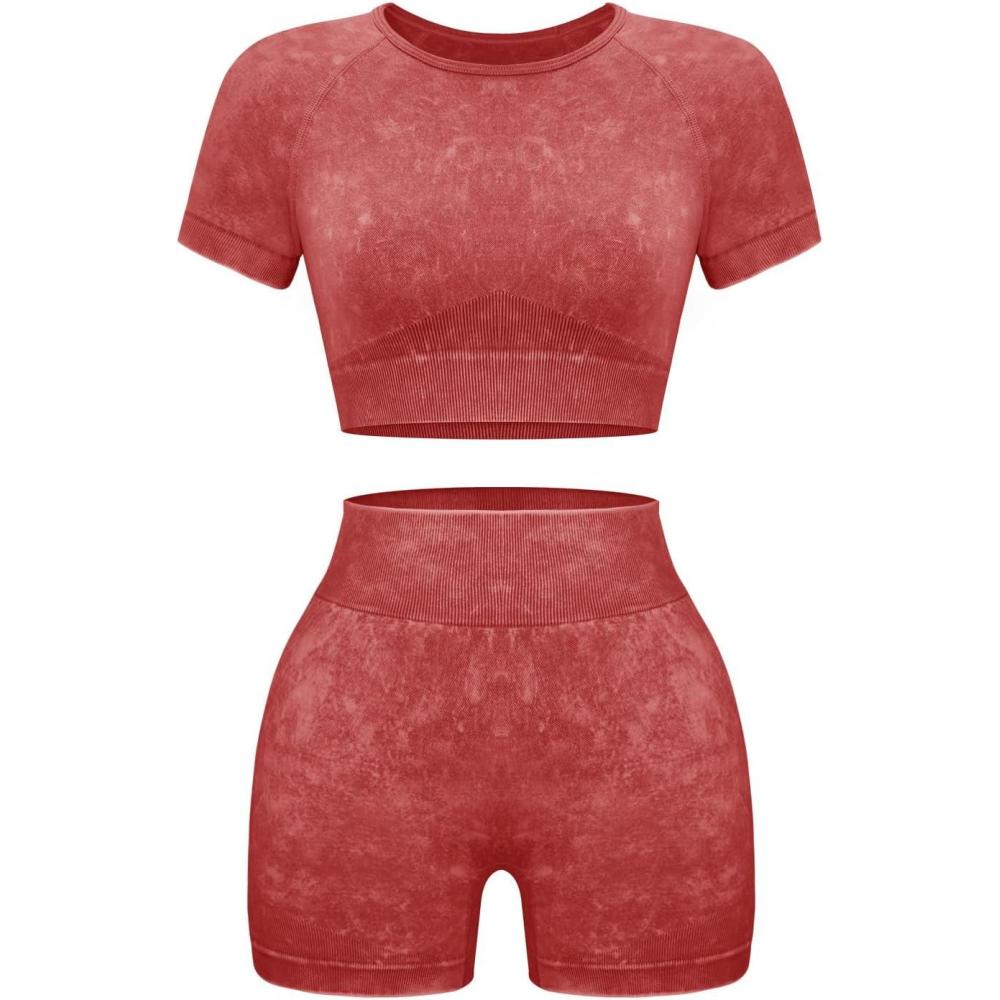 imageOLCHEE Womens Workout Sets 2 Piece Seamless Acid Wash Yoga Outfits Shorts and Crop Top Matching Gym Athletic Clothing SetShortsleeve Shorts Red