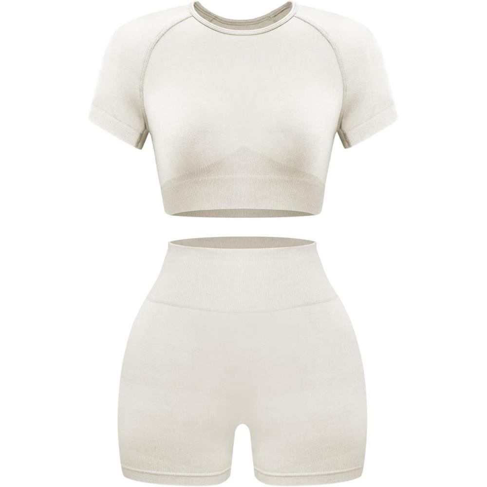 imageOLCHEE Womens Workout Sets 2 Piece Seamless Acid Wash Yoga Outfits Shorts and Crop Top Matching Gym Athletic Clothing SetShortsleeve Shorts White