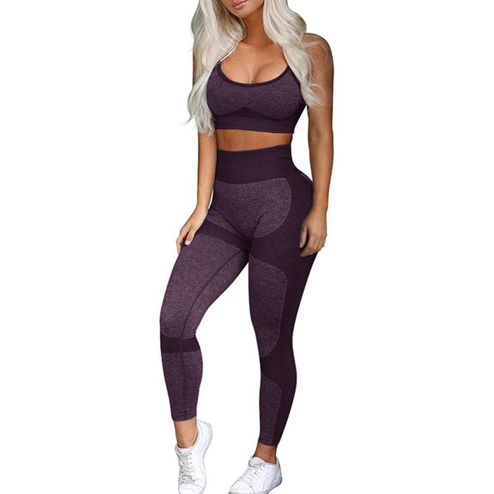 imageOLCHEE Womens Workout Sets 2 Piece Seamless Yoga Leggings and CrossStrap Sports Bra Gym Outfits Activewear Matching SetBra and Leggings Eggplant Purple