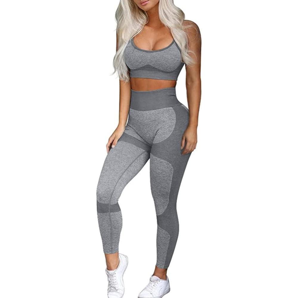 imageOLCHEE Womens Workout Sets 2 Piece  Seamless Yoga Leggings and CrossStrap Sports Bra Gym Outfits Activewear Matching SetBra and Leggings Grey