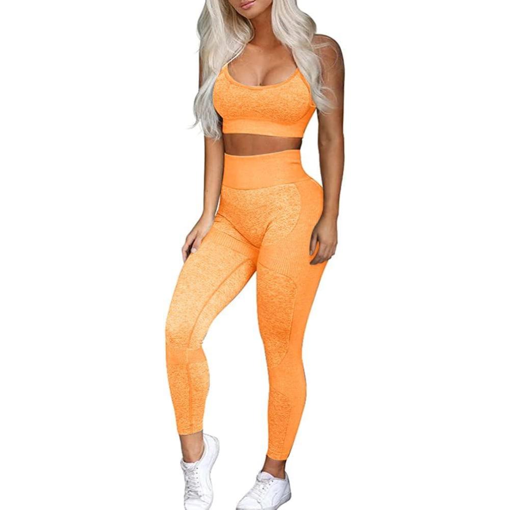 imageOLCHEE Womens Workout Sets 2 Piece  Seamless Yoga Leggings and CrossStrap Sports Bra Gym Outfits Activewear Matching SetBra and Leggings Orange