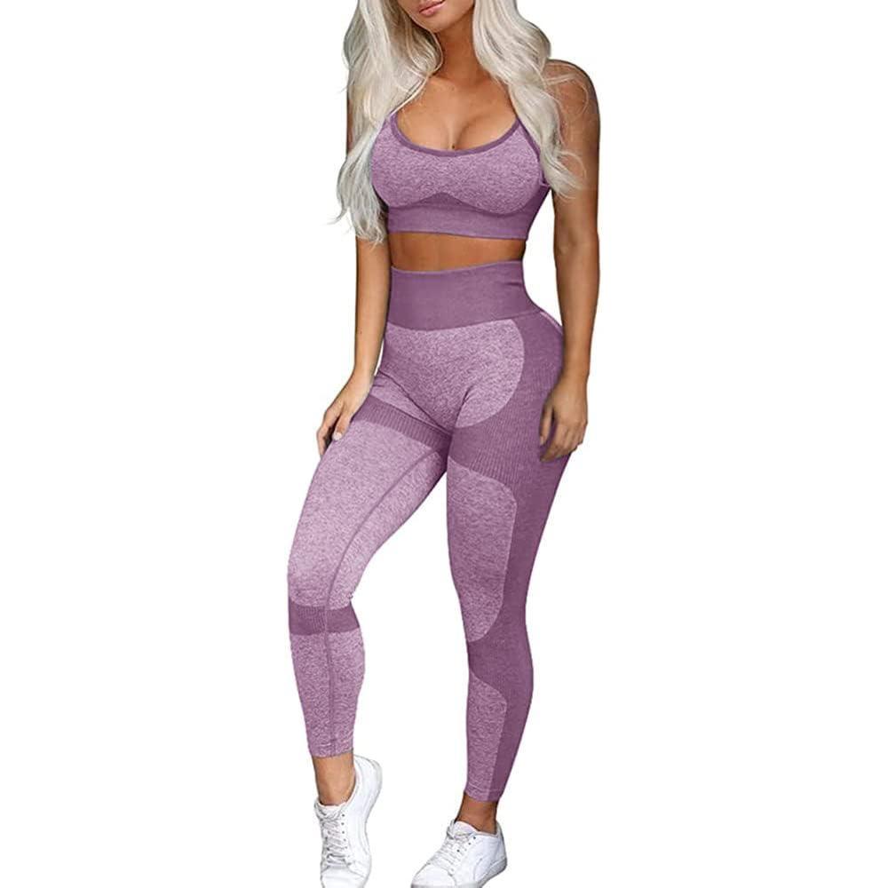 imageOLCHEE Womens Workout Sets 2 Piece Seamless Yoga Leggings and CrossStrap Sports Bra Gym Outfits Activewear Matching SetBra and Leggings Purple