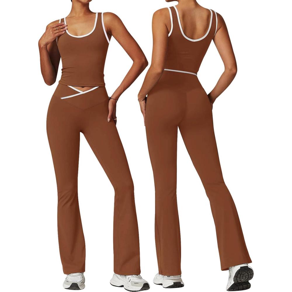 imageOLCHEE Womens Workout Sets 2 Piece Gym Yoga Outfits Crossover Flare Leggings Crop Tank Top with Contrast TrimChocolate