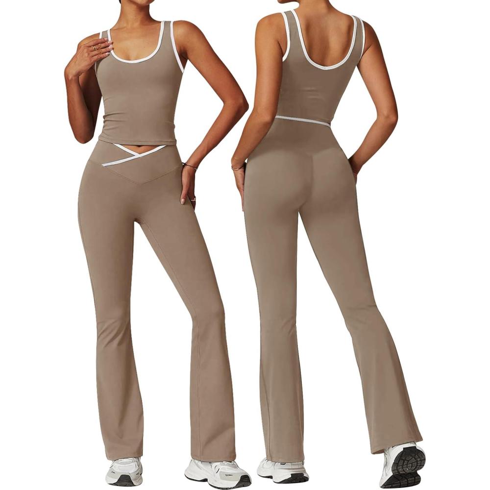 imageOLCHEE Womens Workout Sets 2 Piece Gym Yoga Outfits Crossover Flare Leggings Crop Tank Top with Contrast TrimKhaki