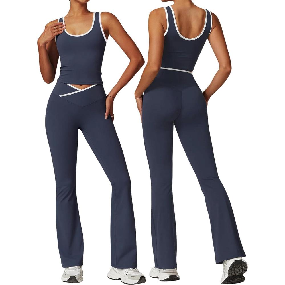 imageOLCHEE Womens Workout Sets 2 Piece Gym Yoga Outfits Crossover Flare Leggings Crop Tank Top with Contrast TrimNavy