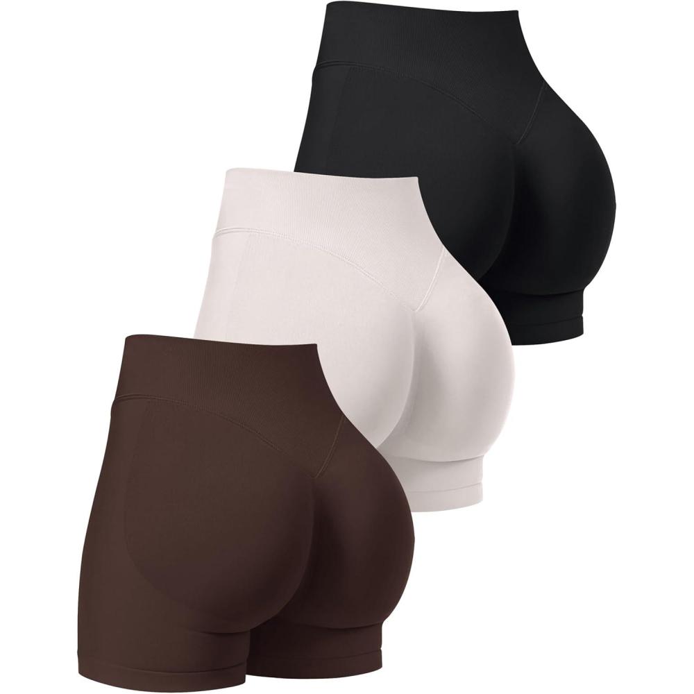 imageOLCHEE Womens Workout Shorts Seamless Scrunch Butt Lifting 3 Pack Yoga Gym Athletic High Waisted Tummy Control Booty 41quotBlackbeigebrown