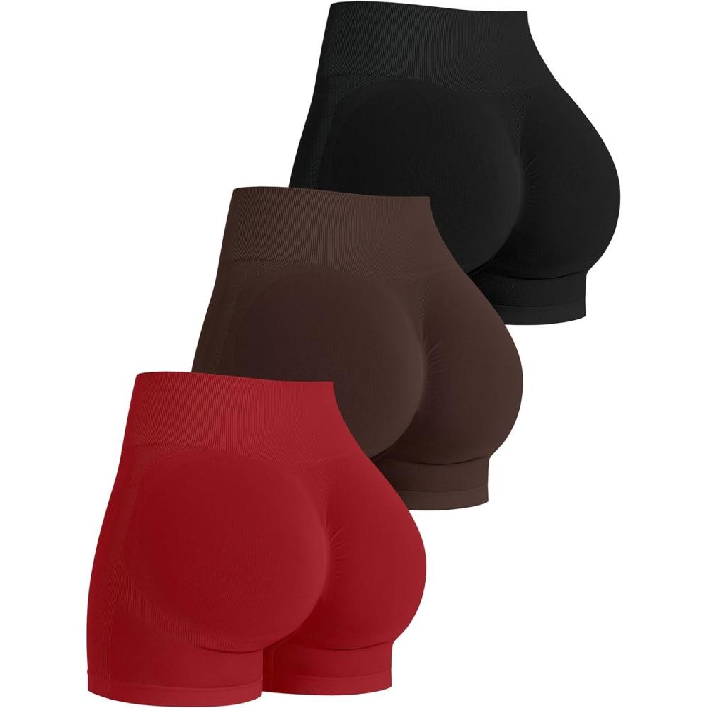 imageOLCHEE Womens Workout Shorts Seamless Scrunch Butt Lifting 3 Pack Yoga Gym Athletic High Waisted Tummy Control Booty 41quotStyle2 Black Brown Red