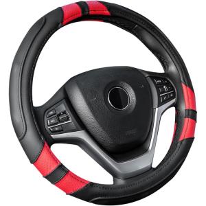 Achiou Blue Car Steering Wheel Cover Universal 15 inch with Grip Contours, Leather Auto for Men and Women Non-Slip Breathable Soft and Comfortable(Black + Red)