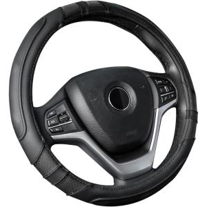 Achiou Blue Car Steering Wheel Cover Universal 15 inch with Grip Contours, Leather Auto for Men and Women Non-Slip Breathable Soft and Comfortable(Black + Black)