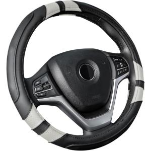 Achiou Blue Car Steering Wheel Cover Universal 15 inch with Grip Contours, Leather Auto for Men and Women Non-Slip Breathable Soft and Comfortable(Black + Gray)