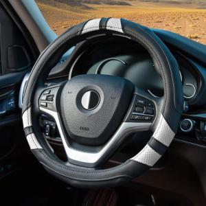 Achiou Blue Car Steering Wheel Cover Universal 15 inch with Grip Contours, Leather Auto for Men and Women Non-Slip Breathable Soft and Comfortable(Black + White)