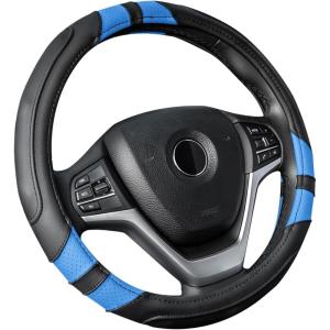 Achiou Blue Car Steering Wheel Cover Universal 15 inch with Grip Contours, Leather Auto for Men and Women Non-Slip Breathable Soft and Comfortable(Black + Blue)