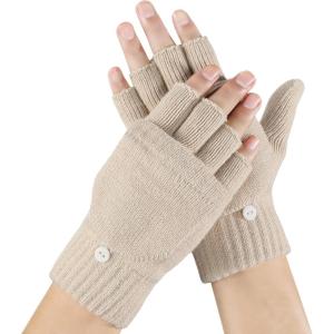 Achiou Convertible Mittens Fingerless Gloves for Men and Women, Thermal Knit Touchscreen Gloves with Flip Cover(Beige)