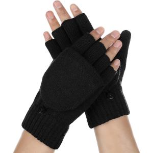 Achiou Convertible Mittens Fingerless Gloves for Men and Women, Thermal Knit Touchscreen Gloves with Flip Cover(Black)