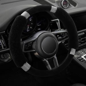 Achiou Rhinestone Fluffy Steering Wheel Cover – Comfortable Non-Slip Luxury Faux Wool, Universal Fit for 14.5″ to 15″ Steering Wheels(Black and Black)