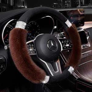 Achiou Rhinestone Fluffy Steering Wheel Cover – Comfortable Non-Slip Luxury Faux Wool, Universal Fit for 14.5″ to 15″ Steering Wheels(Black and Coffee)