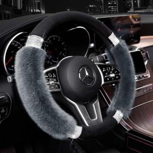 Achiou Rhinestone Fluffy Steering Wheel Cover – Comfortable Non-Slip Luxury Faux Wool, Universal Fit for 14.5″ to 15″ Steering Wheels(Black and Gray)