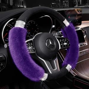 Achiou Rhinestone Fluffy Steering Wheel Cover – Comfortable Non-Slip Luxury Faux Wool, Universal Fit for 14.5″ to 15″ Steering Wheels(Black and Purple)