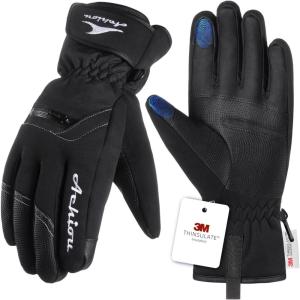 Achiou Ski Snow Gloves Winter Warm 3M Thinsulate Waterproof Touchscreen Men Women(New Black)