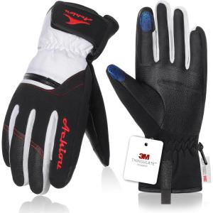 Achiou Ski Snow Gloves Winter Warm 3M Thinsulate Waterproof Touchscreen Men Women(New White)