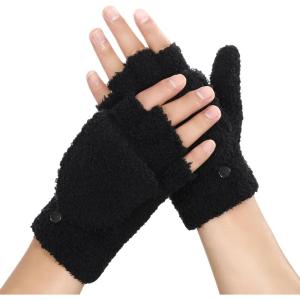 Achiou Warm Fingerless Gloves for Women Men, Convertible Winter Fingerless Mittens with Flip-top Cover Knitted Wool Fabric(Black)
