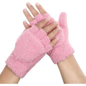 Achiou Warm Fingerless Gloves for Women Men, Convertible Winter Fingerless Mittens with Flip-top Cover Knitted Wool Fabric(Pink)