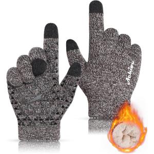 Achiou Winter Gloves for Men Women, Touch Screen Gloves, Upgraded Thicken Anti-Slip Silicone Gel, Thermal Soft Knit Lining(Coffee & White)