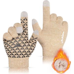 Achiou Winter Gloves for Men Women, Touch Screen Gloves, Upgraded Thicken Anti-Slip Silicone Gel, Thermal Soft Knit Lining(White & Khaki)