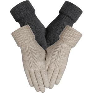 Achiou Women Winter Gloves, Touch Screen Texting Gloves, Elastic Soft Warm Knit Lined, One Size(Black and Khaki)