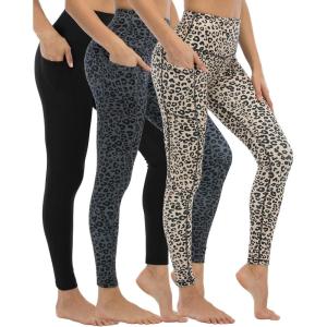 LZYVOO 3 Pack Leggings with Pockets for Women,High Waisted Workout Tummy Control Yoga Pants Black/Black Leopard/Yellow Leopard S