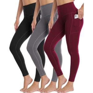 LZYVOO 3 Pack Leggings with Pockets for Women,High Waisted Workout Tummy Control Yoga Pants (Black/Dgray/Bur-M)