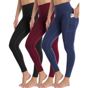 LZYVOO 3 Pack Leggings with Pockets for Women,High Waisted Workout Tummy Control Yoga Pants (Black/Navy/Burg-M)