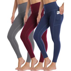 LZYVOO 3 Pack Leggings with Pockets for Women,High Waisted Workout Tummy Control Yoga Pants (Navy/Dgray/Burg-L)