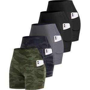 LZYVOO Biker Spandex Shorts Women, High Waisted Tummy Control Workout Yoga Shorts with Pockets(5packs – Black/Black/Dark Gray/Camo Green/Camo Gray)